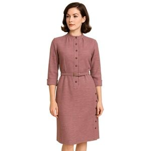 Vintage 60s Mauve Knit Shirt Dress California Modest Day Office Belted‎ Midi M